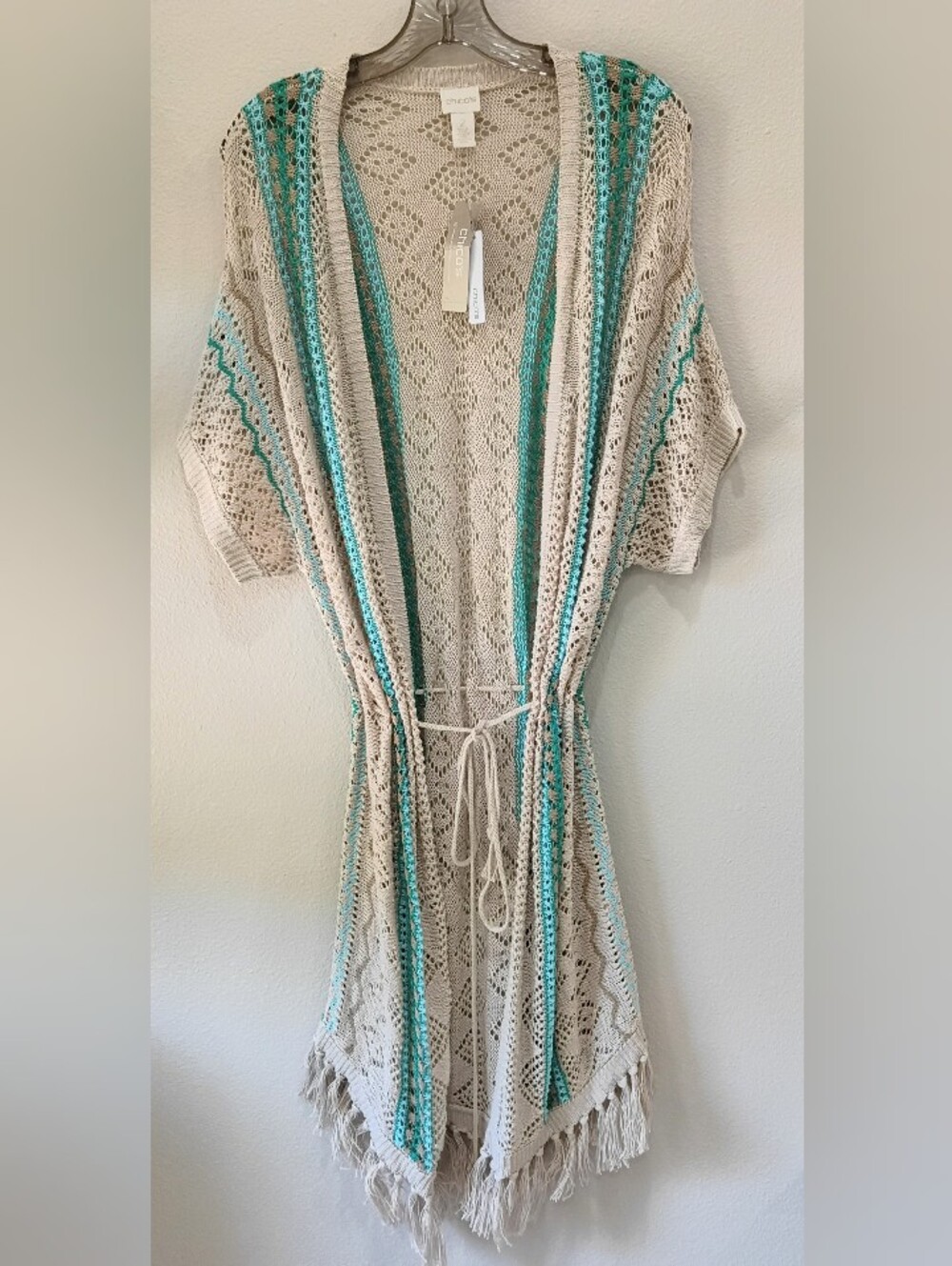 Chico's Crochet Knit Cardigan Sweater Kimono Cover-up Fringe Tassels Teal Cream